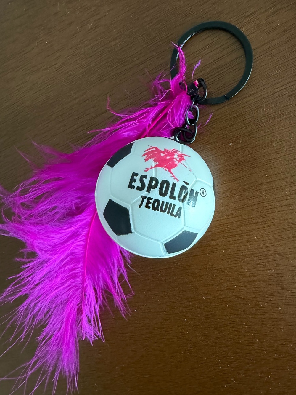 Espolon tequila soccer ball and pink feather bag charm keychain
